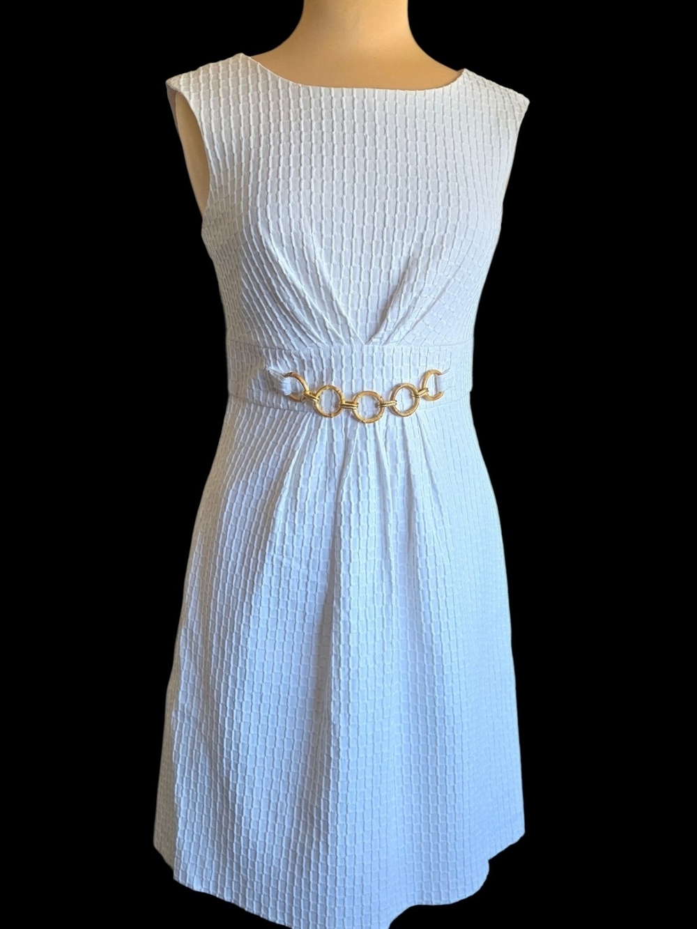 Studio I Y2K White Sleeveless Midi Dress with Bamboo & Gold Belt Detail Sz 10